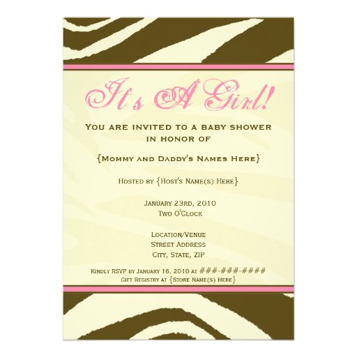Pink and Brown Zebra Print Baby Shower Invitation