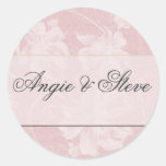 Pink and charcoal gray damask wedding stickers