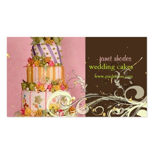 Pink and Chocolate wedding cake business cards (front side)