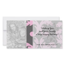 pink and deep gray large damask personalized photo card