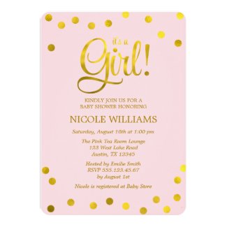 Pink and Faux Gold Confetti Girl Baby Shower 5x7 Paper Invitation Card