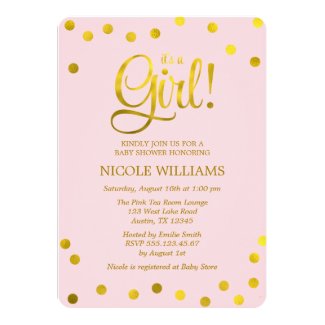 Pink and Faux Gold Confetti Girl Baby Shower 5x7 Paper Invitation Card