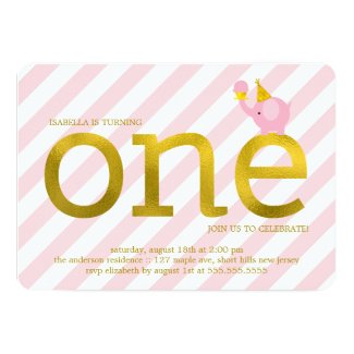 Pink and Faux Gold Foil Elephant Birthday Party 5" X 7" Invitation Card