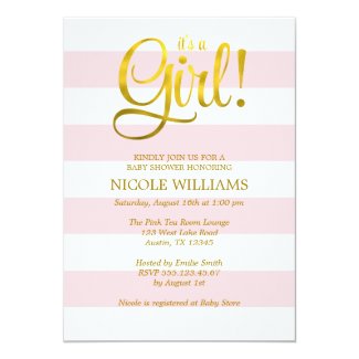 Pink and Faux Gold Stripes Girl Baby Shower 5x7 Paper Invitation Card
