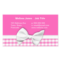 Pink and girly gingham with ribbon bow business card templates