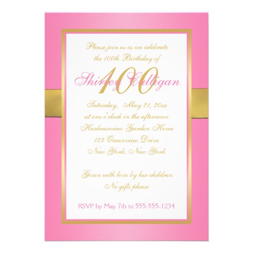 Pink and Gold 100th Birthday Invitation
