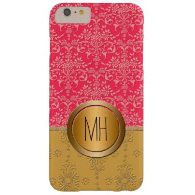Pink and Gold Damask Custom Monogram Pattern Barely There iPhone 6 Plus Case