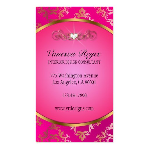 Pink and Gold Damask Photo Business Card (back side)