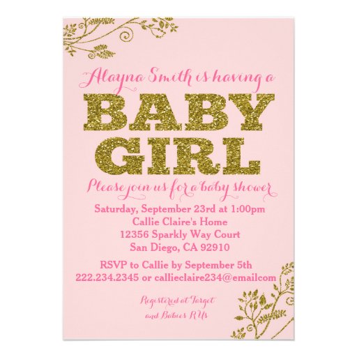 Pink and Gold Glitter Baby Girl Shower Invitation