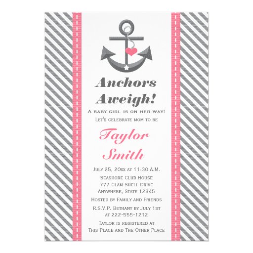Pink and Gray Anchor Nautical Baby Shower Invites
