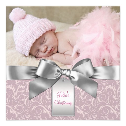 Pink and Gray Baby Girl Photo Christening Custom Announcements