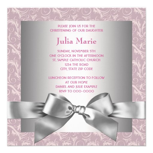 Pink and Gray Baby Girl Photo Christening Custom Announcements
