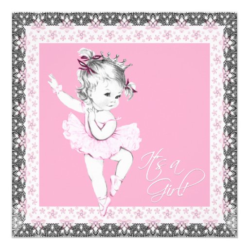 Pink and Gray Ballerina Baby Girl Shower Personalized Announcements