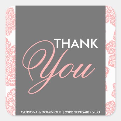 Pink and Gray Batik Flowers Thank You Sticker
