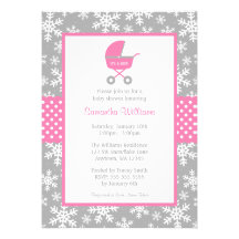Pink and Gray Carriage Snowflakes Baby Shower Personalized Announcement