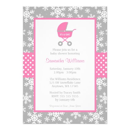 Pink and Gray Carriage Snowflakes Baby Shower Personalized Announcement