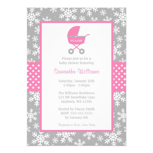 Pink and Gray Carriage Snowflakes Baby Shower Personalized Announcement