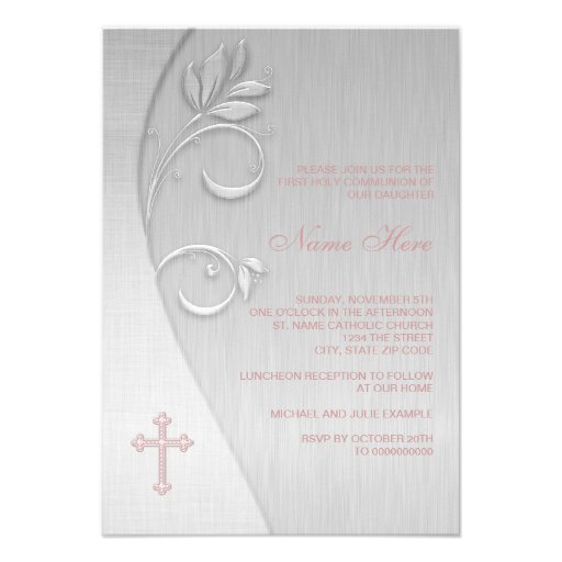Pink and Gray Cross First Communion Invites