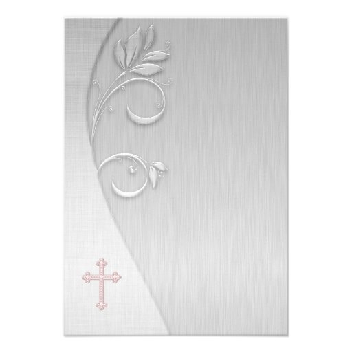 Pink and Gray Cross First Communion Invites