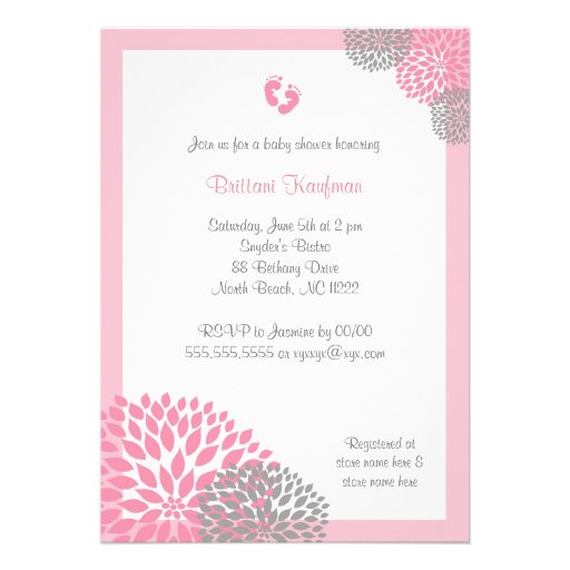 Pink and Gray Dahlia Baby Shower Invite with feet (front side)