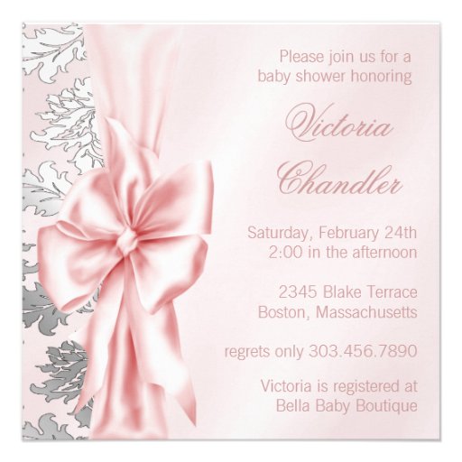 Pink and Gray Damask Baby Girl Shower Custom Announcement