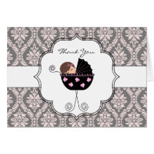 Pink and Gray Damask Baby Thank You Cards