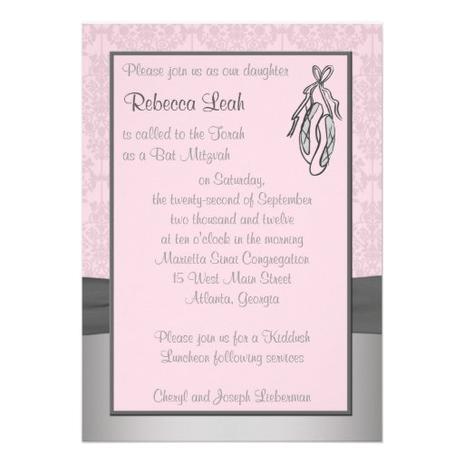 Pink and Gray Damask Ballet Bat Mitzvah Invitation
