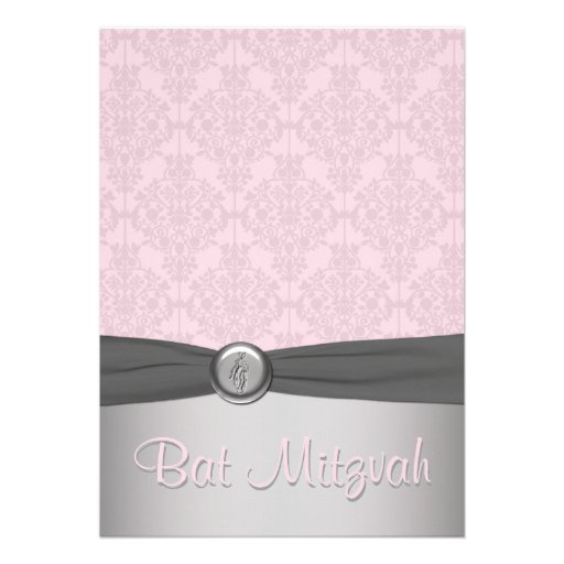 Pink and Gray Damask Ballet Bat Mitzvah Invitation