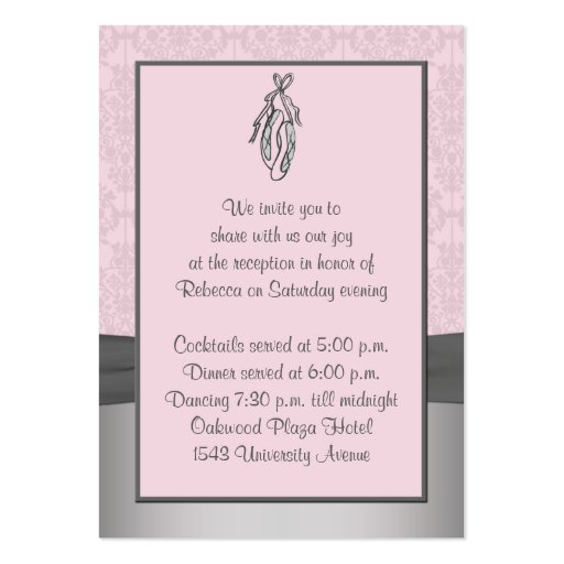 Pink and Gray Damask Ballet Enclosure Card Business Card Template (back side)