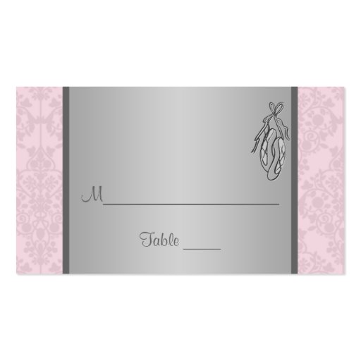 Pink and Gray Damask, Ballet Slippers Place Card Business Card Template (front side)