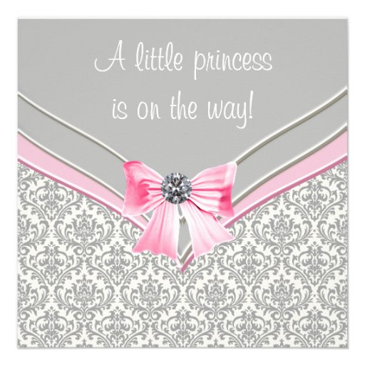 Pink and Gray Damask Pink Bow Princess Baby Shower Personalized Invite