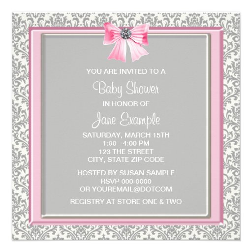 Pink and Gray Damask Pink Bow Princess Baby Shower Personalized Invite