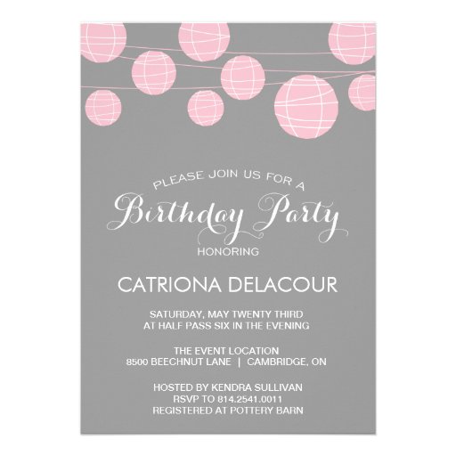 PINK AND GRAY LANTERNS BIRTHDAY PARTY INVITATION (front side)