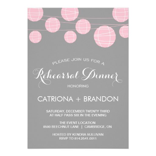 PINK AND GRAY LANTERNS REHEARSAL DINNER INVITATION (front side)
