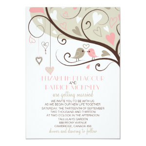 Pink and Gray Lovebirds Wedding Invitation