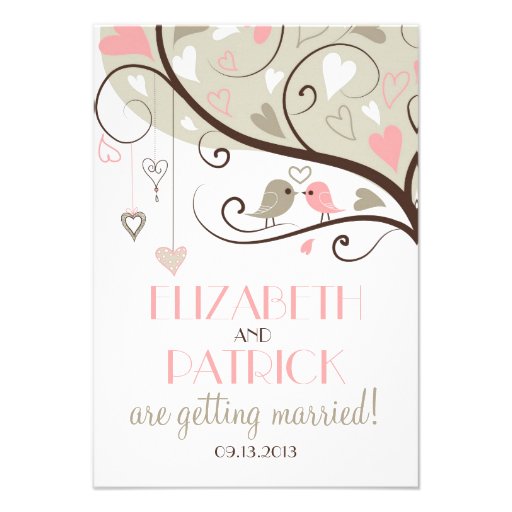 Pink and Gray Lovebirds Wedding Reception Card