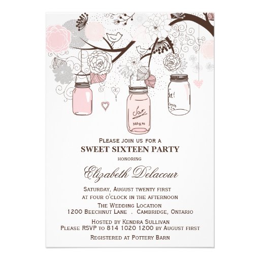 Pink and Gray Mason Jars Sweet Sixteen Invitation