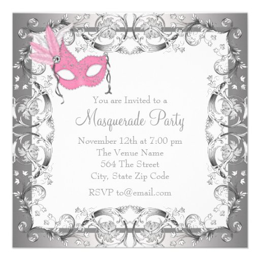 Pink and Gray Masquerade Party Custom Announcements