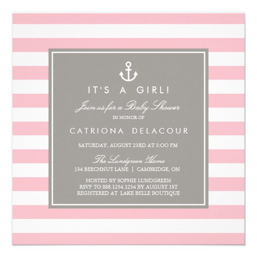 Pink and Gray  Nautical Baby Shower Invitation (front side)