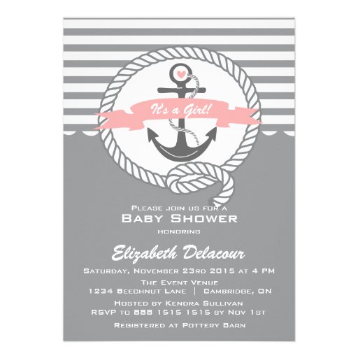 Pink and Gray  Nautical Baby Shower Invitation (front side)