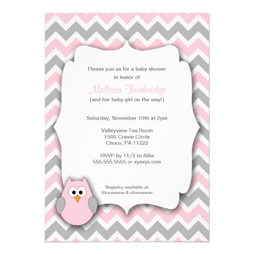 Pink and Gray Owl Chevron Baby Shower Invitations (front side)