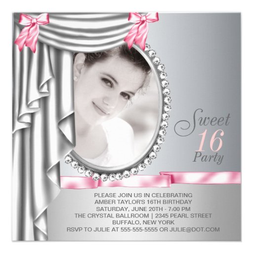 Pink and Gray Photo Sweet 16 Birthday Party Invites