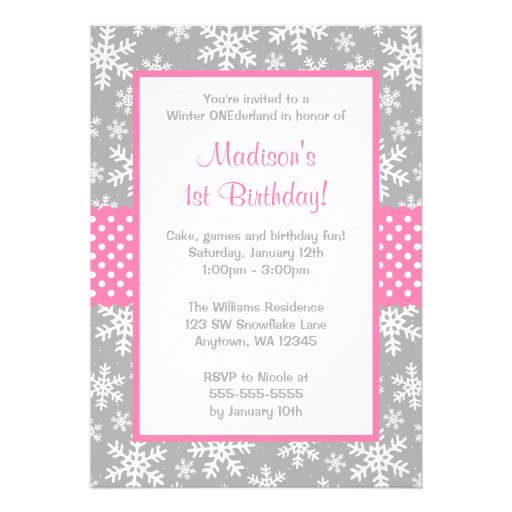 Pink and Gray Snowflakes Winter Onederland Custom Invites (front side)