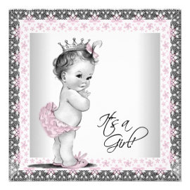 Pink and Gray Vintage Baby Girl Shower Personalized Invitation