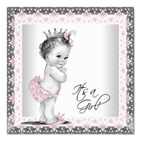 Pink and Gray Vintage Baby Girl Shower 5.25x5.25 Square Paper Invitation Card