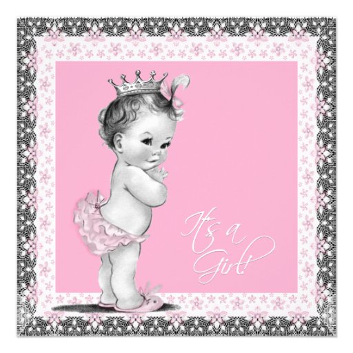 Pink and Gray Vintage Baby Girl Shower Custom Invites
