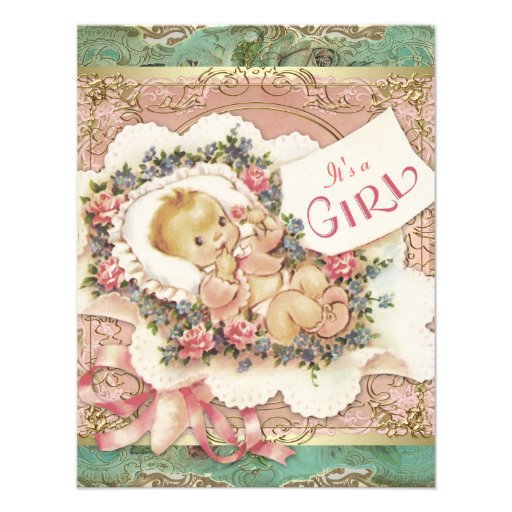 Pink and Green and Gold Vintage Girl Baby Shower Custom Invitations