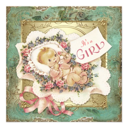 Pink and Green and Gold Vintage Girl Baby Shower Personalized Announcements