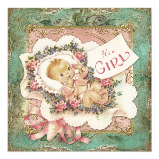 Pink and Green and Gold Vintage Girl Baby Shower Custom Invites