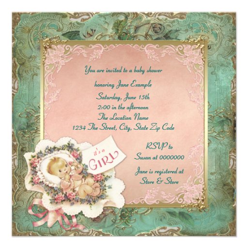 Pink and Green and Gold Vintage Girl Baby Shower Custom Invites